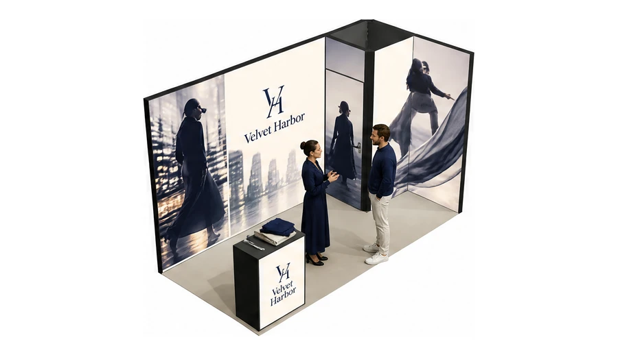 Stoisko 4 × 2 m narożne prawe dla branży odzież i moda, przykładowa marka Velvet Harbor