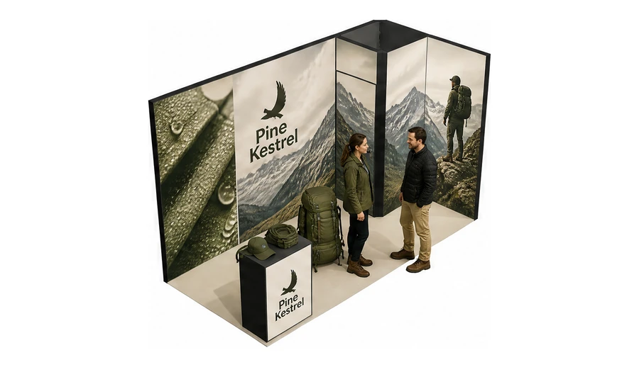 Stoisko 4 × 2 m narożne prawe dla branży odzież i sprzęt outdoorowy, przykładowa marka Pine Kestrel