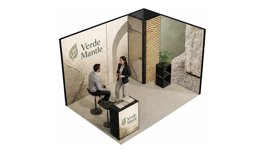 Stoisko 4 × 3 m narożne prawe dla branży wykończenie wnętrz, przykładowa marka Verde Mantle