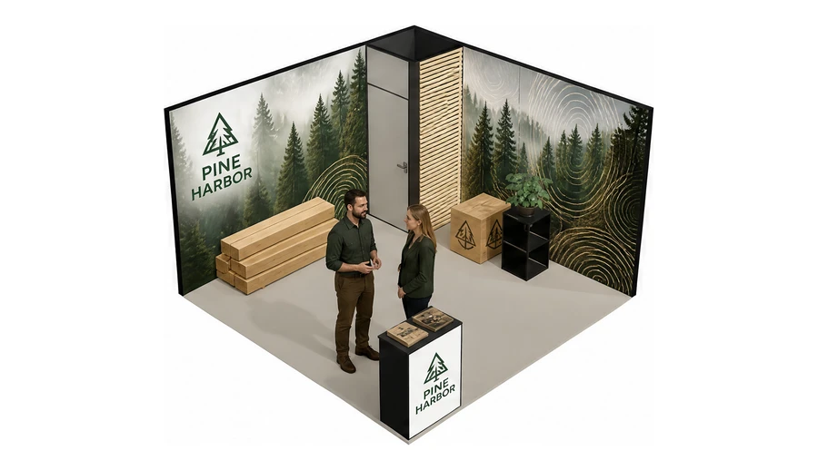 Stoisko 4 × 4 m narożne prawe dla branży leśnictwo i przemysł drzewny, przykładowa marka Pine Harbor
