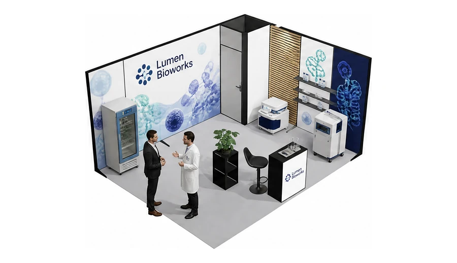 Stoisko 5 × 4 m narożne prawe dla branży farmacja i biotechnologia, przykładowa marka Lumen Bioworks