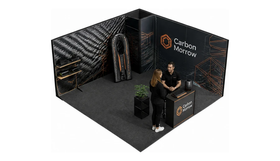 Stoisko 5 × 5 m narożne prawe dla branży materiały kompozytowe, przykładowa marka Carbon Morrow