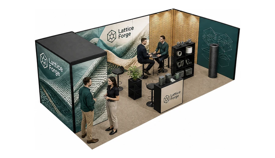 Stoisko 8 × 4 m narożne prawe dla branży materiały kompozytowe, przykładowa marka Lattice Forge