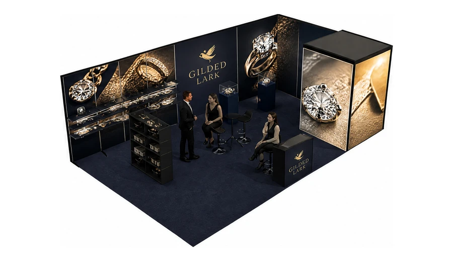 Stoisko 8 × 5 m narożne prawe dla branży biżuteria, przykładowa marka Gilded Lark