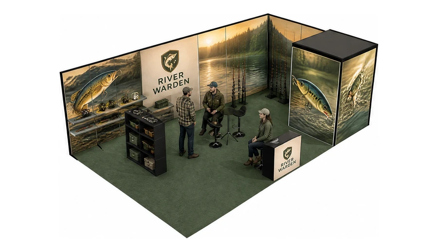 Stoisko 8 × 5 m narożne prawe dla branży wędkarstwo, przykładowa marka River Warden