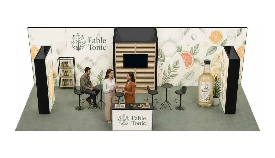 Stoisko 10 × 5 m półwyspowe dla branży napoje, przykładowa marka Fable Tonic