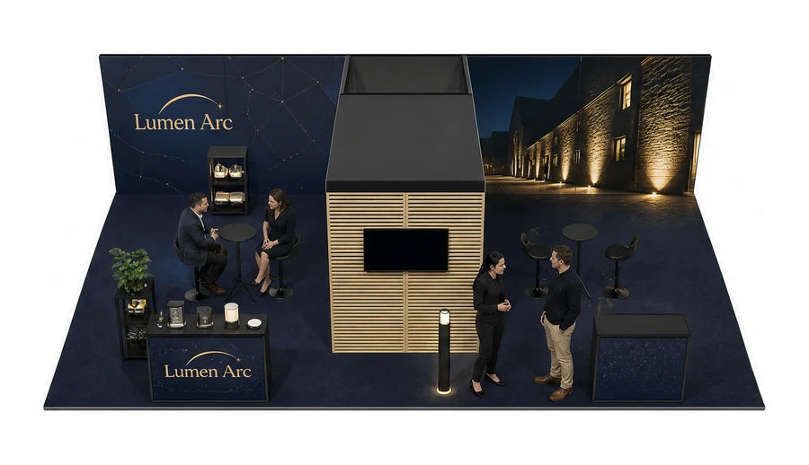 Stoisko 10 × 6 m półwyspowe dla branży oświetlenie, przykładowa marka Lumen Arc
