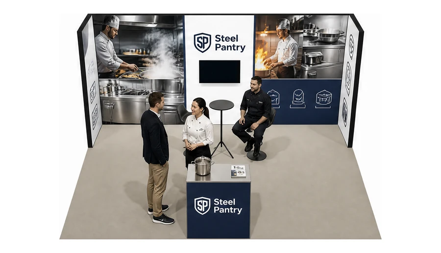 Stoisko 5 × 4 m półwyspowe dla branży wyposażenie gastronomii, przykładowa marka Steel Pantry