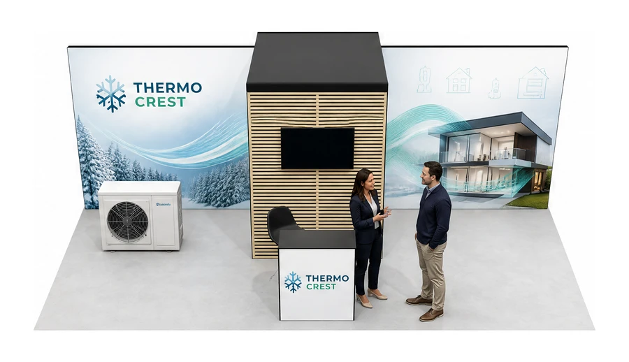 Stoisko 6 × 4 m półwyspowe dla branży pompy ciepła i ogrzewanie, przykładowa marka Thermo Crest