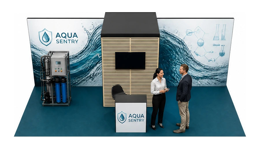 Stoisko 6 × 4 m półwyspowe dla branży technologie wodne, przykładowa marka Aqua Sentry