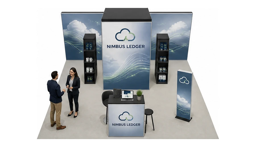 Stoisko 6 × 6 m półwyspowe dla branży oprogramowanie dla firm, przykładowa marka Nimbus Ledger