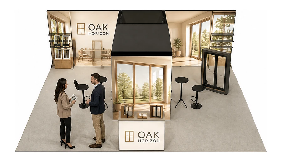 Stoisko 8 × 6 m półwyspowe dla branży okna i drzwi, przykładowa marka Oak Horizon