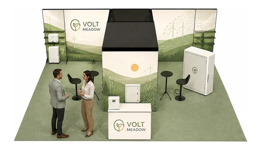 Stoisko 8 × 6 m półwyspowe dla branży magazyny energii, przykładowa marka Volt Meadow