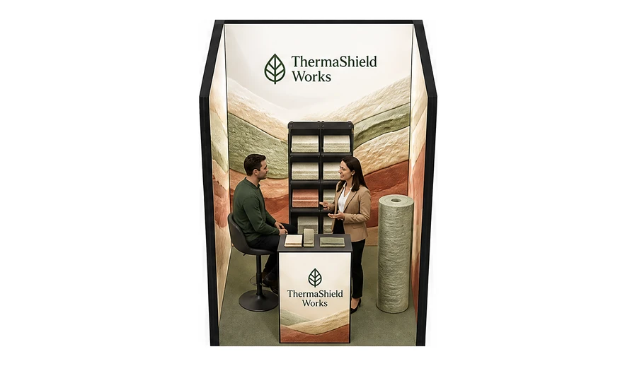 Stoisko 2 × 2 m szeregowe dla branży izolacje techniczne, przykładowa marka ThermaShield Works