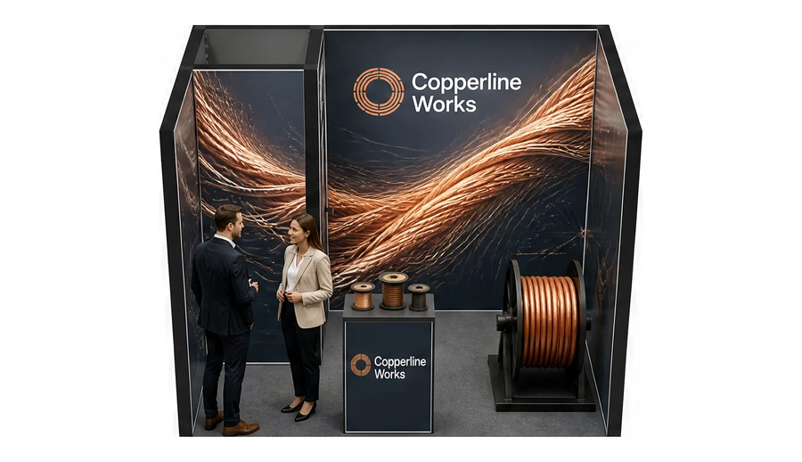 Stoisko 3 × 2 m szeregowe dla branży kable i elektrotechnika, przykładowa marka Copperline Works