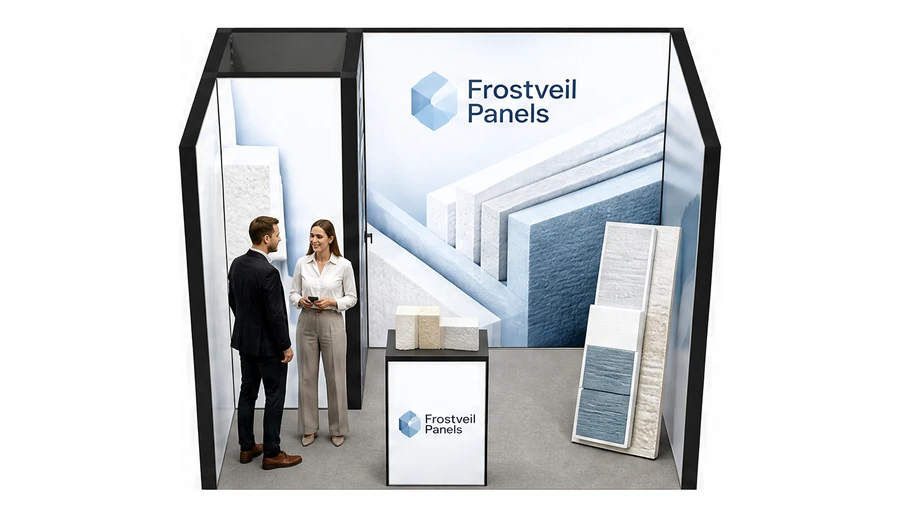 Stoisko 3 × 2 m szeregowe dla branży izolacje techniczne, przykładowa marka Frostveil Panels