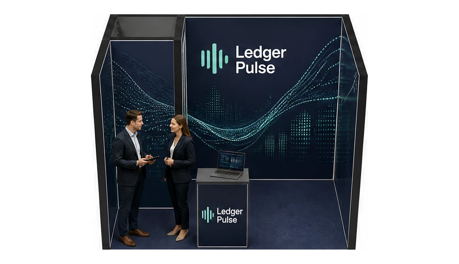 Stoisko 3 × 2 m szeregowe dla branży oprogramowanie dla firm, przykładowa marka Ledger Pulse
