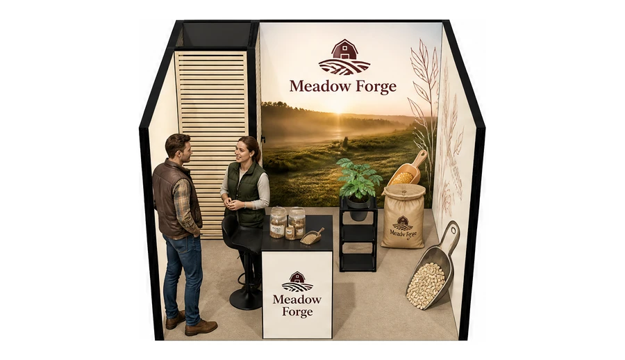 Stoisko 3 × 3 m szeregowe dla branży hodowla i pasze, przykładowa marka Meadow Forge
