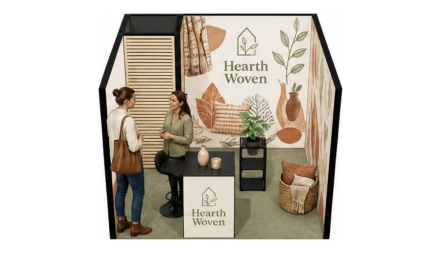 Stoisko 3 × 3 m szeregowe dla branży dekoracje i upominki, przykładowa marka Hearth Woven