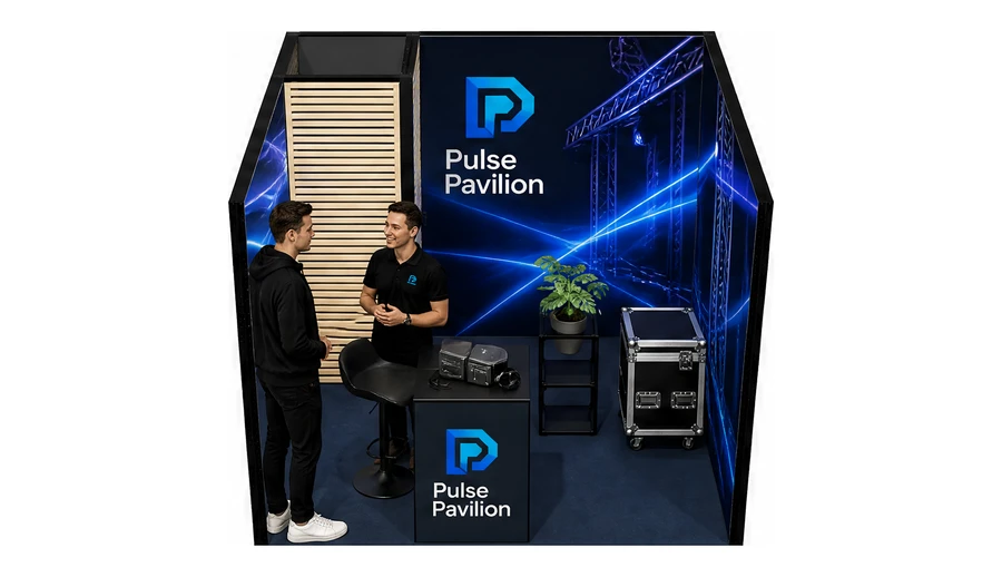 Stoisko 3 × 3 m szeregowe dla branży branża eventowa, przykładowa marka Pulse Pavilion