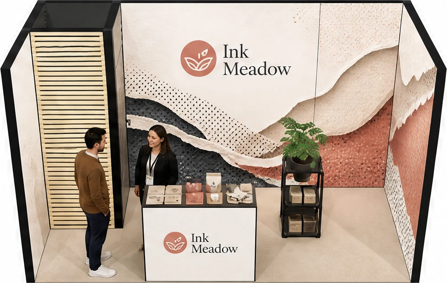 Stoisko 4 × 2 m szeregowe dla branży etykiety i poligrafia, przykładowa marka Ink Meadow