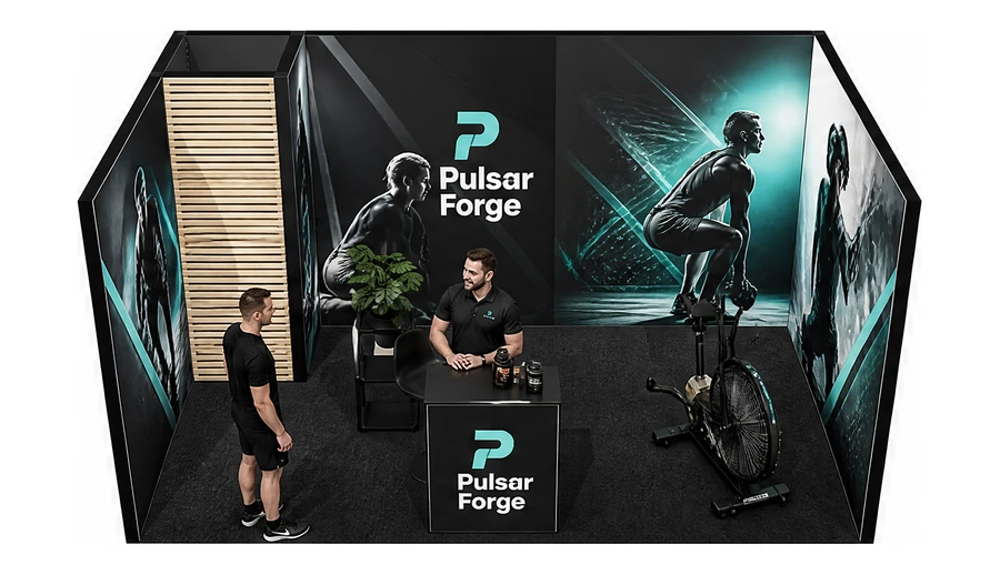 Stoisko 5 × 3 m szeregowe dla branży fitness i siłownie, przykładowa marka Pulsar Forge
