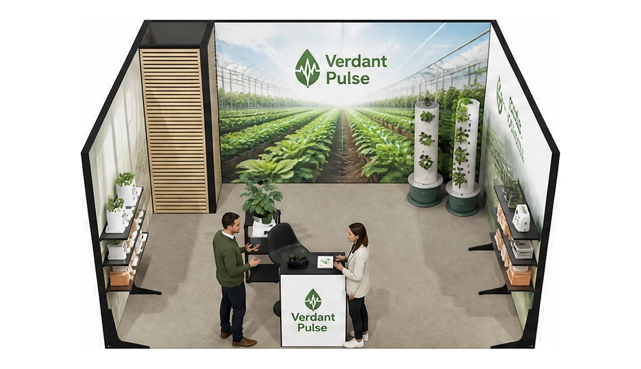 Stoisko 5 × 4 m szeregowe dla branży sadownictwo i warzywnictwo, przykładowa marka Verdant Pulse