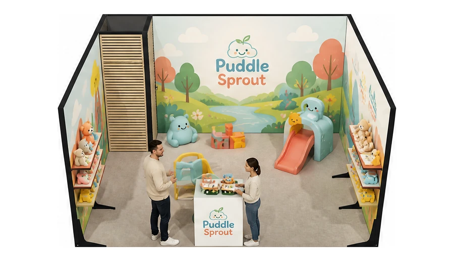 Stoisko 5 × 4 m szeregowe dla branży zabawki i artykuły dziecięce, przykładowa marka Puddle Sprout