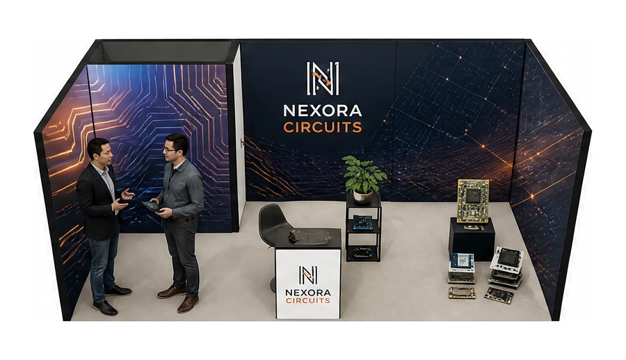 Stoisko 6 × 3 m szeregowe dla branży komponenty elektroniczne, przykładowa marka Nexora Circuits