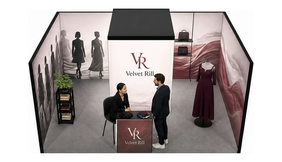 Stoisko 6 × 4 m szeregowe dla branży odzież i moda, przykładowa marka Velvet Rill