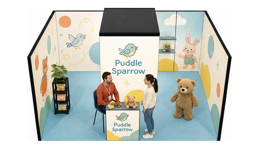Stoisko 6 × 4 m szeregowe dla branży zabawki i artykuły dziecięce, przykładowa marka Puddle Sparrow