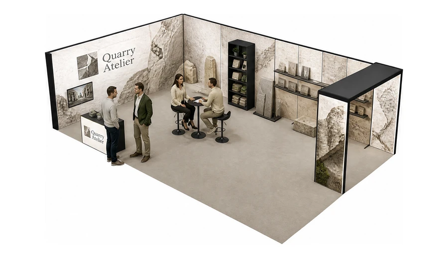 Stoisko 10 × 6 m narożne lewe dla branży kamień i kamieniarstwo, przykładowa marka Quarry Atelier