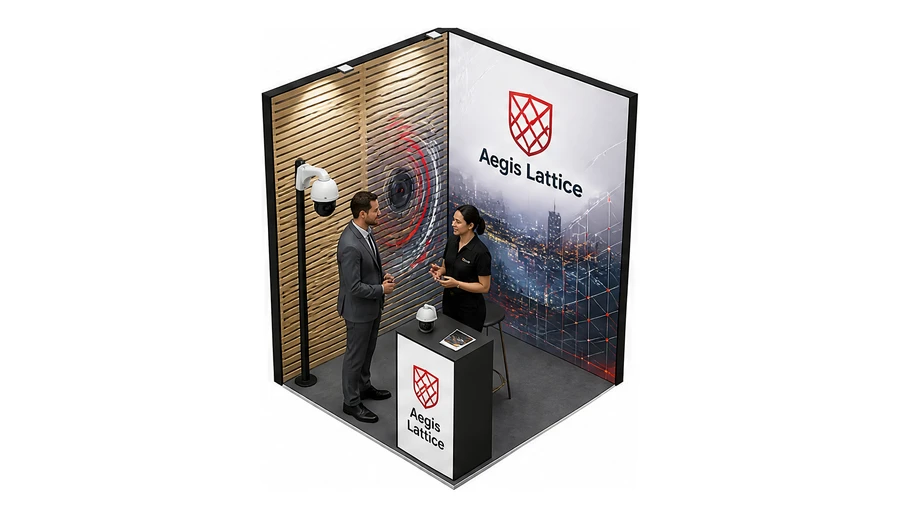 Stoisko 2 × 2 m narożne lewe dla branży systemy zabezpieczeń, przykładowa marka Aegis Lattice