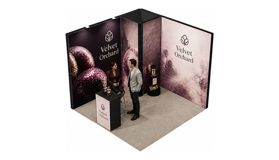 Stoisko 3 × 3 m narożne lewe dla branży perfumy, przykładowa marka Velvet Orchard