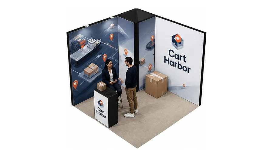 Stoisko 3 × 3 m narożne lewe dla branży e-commerce, przykładowa marka Cart Harbor