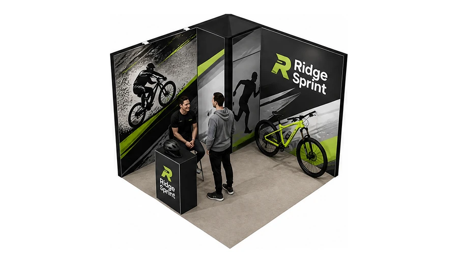 Stoisko 3 × 3 m narożne lewe dla branży sprzęt sportowy, przykładowa marka Ridge Sprint