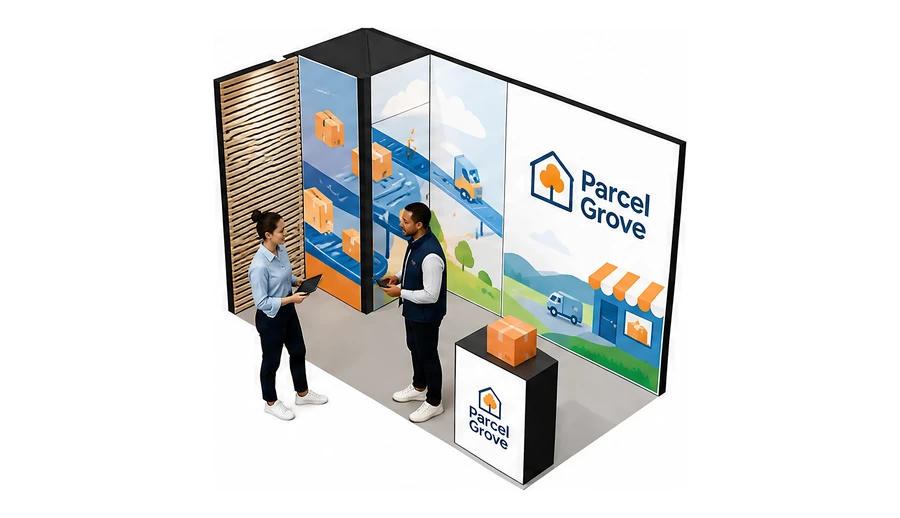 Stoisko 4 × 2 m narożne lewe dla branży e-commerce, przykładowa marka Parcel Grove