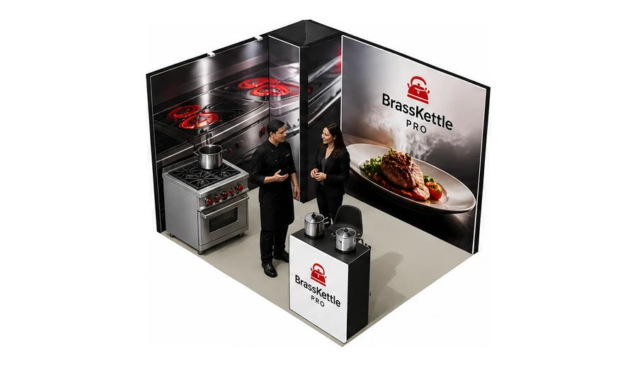 Stoisko 4 × 3 m narożne lewe dla branży wyposażenie gastronomii, przykładowa marka BrassKettle Pro