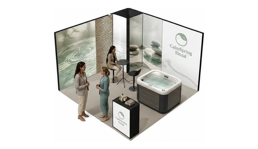 Stoisko 4 × 4 m narożne lewe dla branży spa i wellness, przykładowa marka CalmSpring Ritual