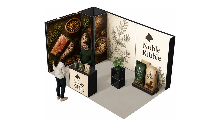 Stoisko 5 × 3 m narożne lewe dla branży karma dla zwierząt, przykładowa marka Noble Kibble