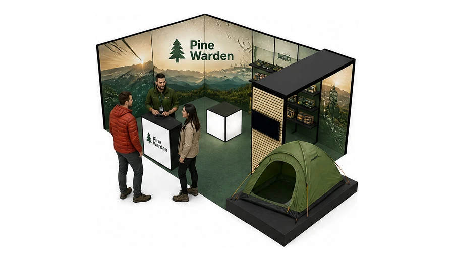 Stoisko 6 × 4 m narożne lewe dla branży odzież i sprzęt outdoorowy, przykładowa marka Pine Warden