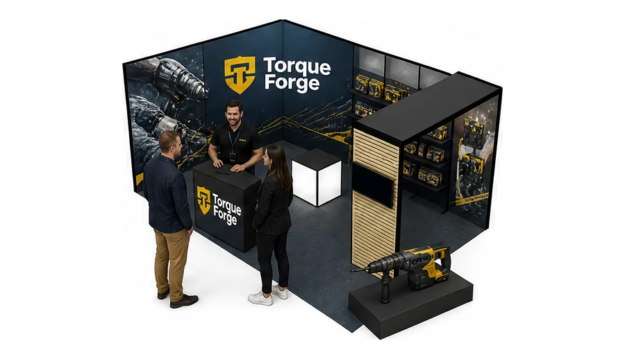 Stoisko 6 × 4 m narożne lewe dla branży elektronarzędzia, przykładowa marka Torque Forge