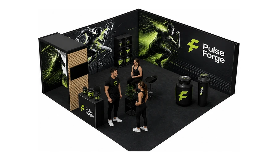 Stoisko 6 × 6 m narożne lewe dla branży suplementy diety, przykładowa marka Pulse Forge