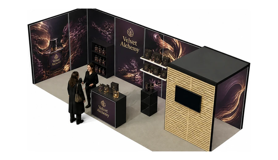 Stoisko 8 × 3 m narożne lewe dla branży perfumy, przykładowa marka Velvet Alchemy