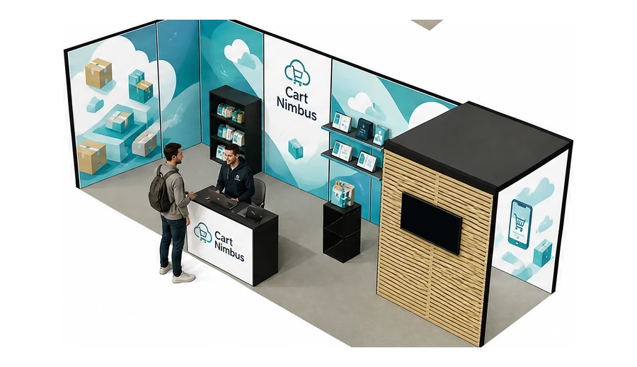 Stoisko 8 × 3 m narożne lewe dla branży e-commerce, przykładowa marka Cart Nimbus