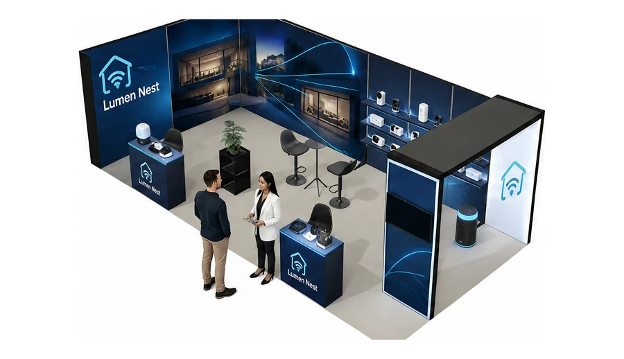 Stoisko 8 × 4 m narożne lewe dla branży smart home i IoT, przykładowa marka Lumen Nest
