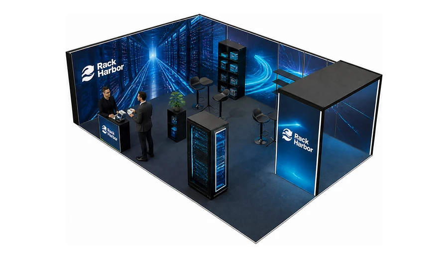 Stoisko 8 × 5 m narożne lewe dla branży infrastruktura IT i data center, przykładowa marka Rack Harbor