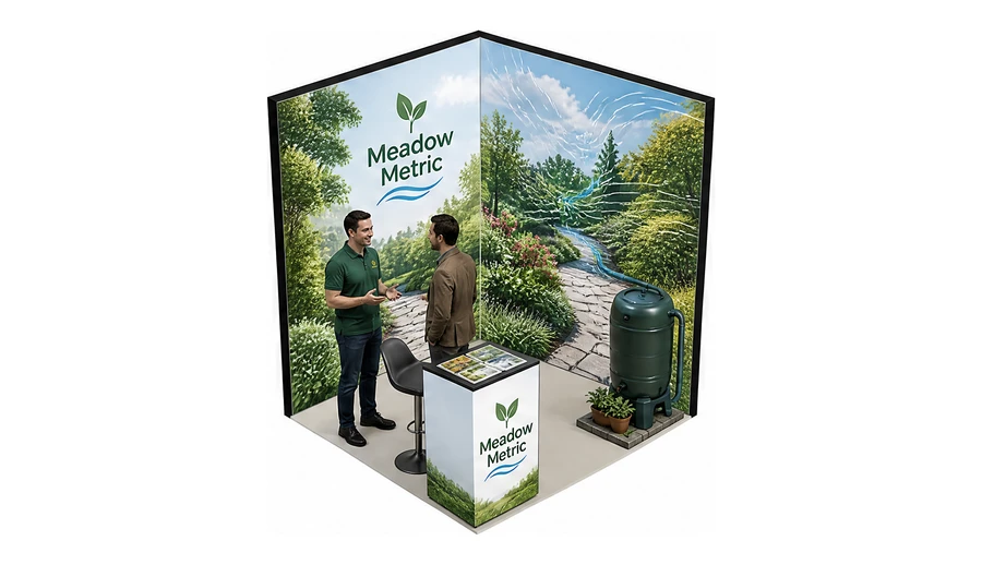Stoisko 2 × 2 m narożne prawe dla branży ogród i architektura krajobrazu, przykładowa marka Meadow Metric
