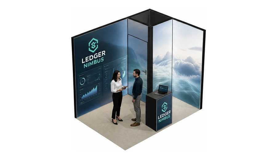 Stoisko 3 × 2 m narożne prawe dla branży oprogramowanie dla firm, przykładowa marka Ledger Nimbus