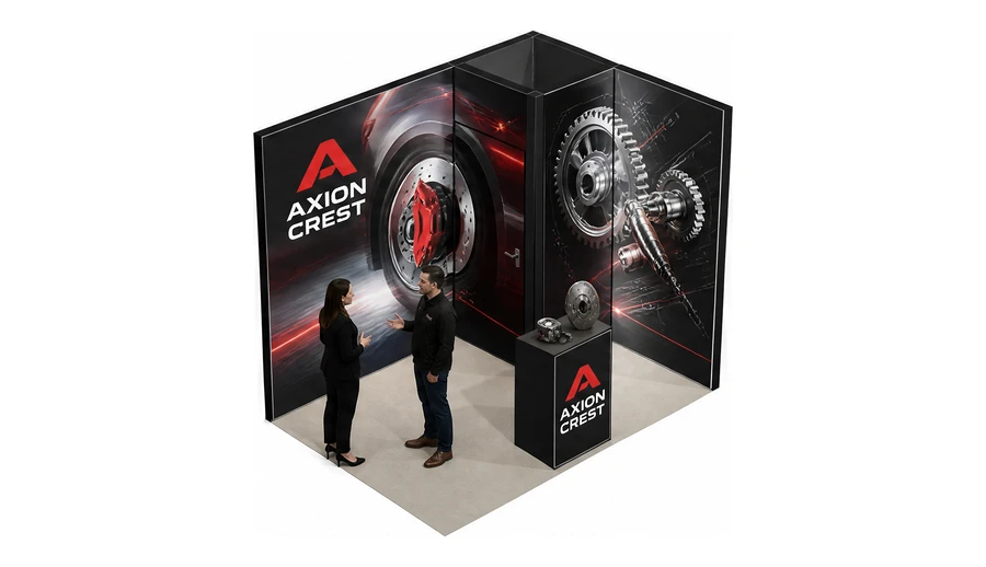 Stoisko 3 × 2 m narożne prawe dla branży części motoryzacyjne, przykładowa marka Axion Crest